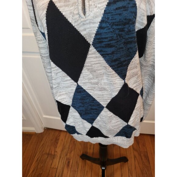 Men Gray/Teal Argyle 1/4 Zip Sweater Carbon L Preppy Retro Academia Church - Picture 4 of 8